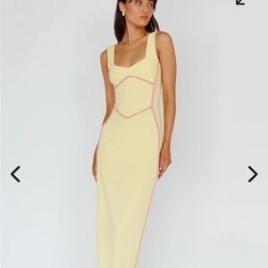 NWT SELFIE LESLIE M Shenae Piping lemon yellow pink trim high slit maxi dress